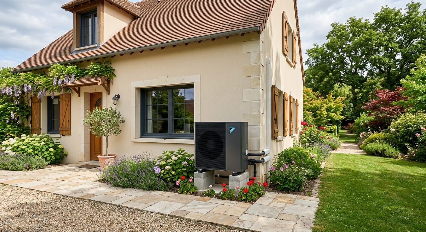 Unité extérieure moderne de pompe à chaleur air eau installée le long d'une façade soignée de maison individuelle avec jardin arboré